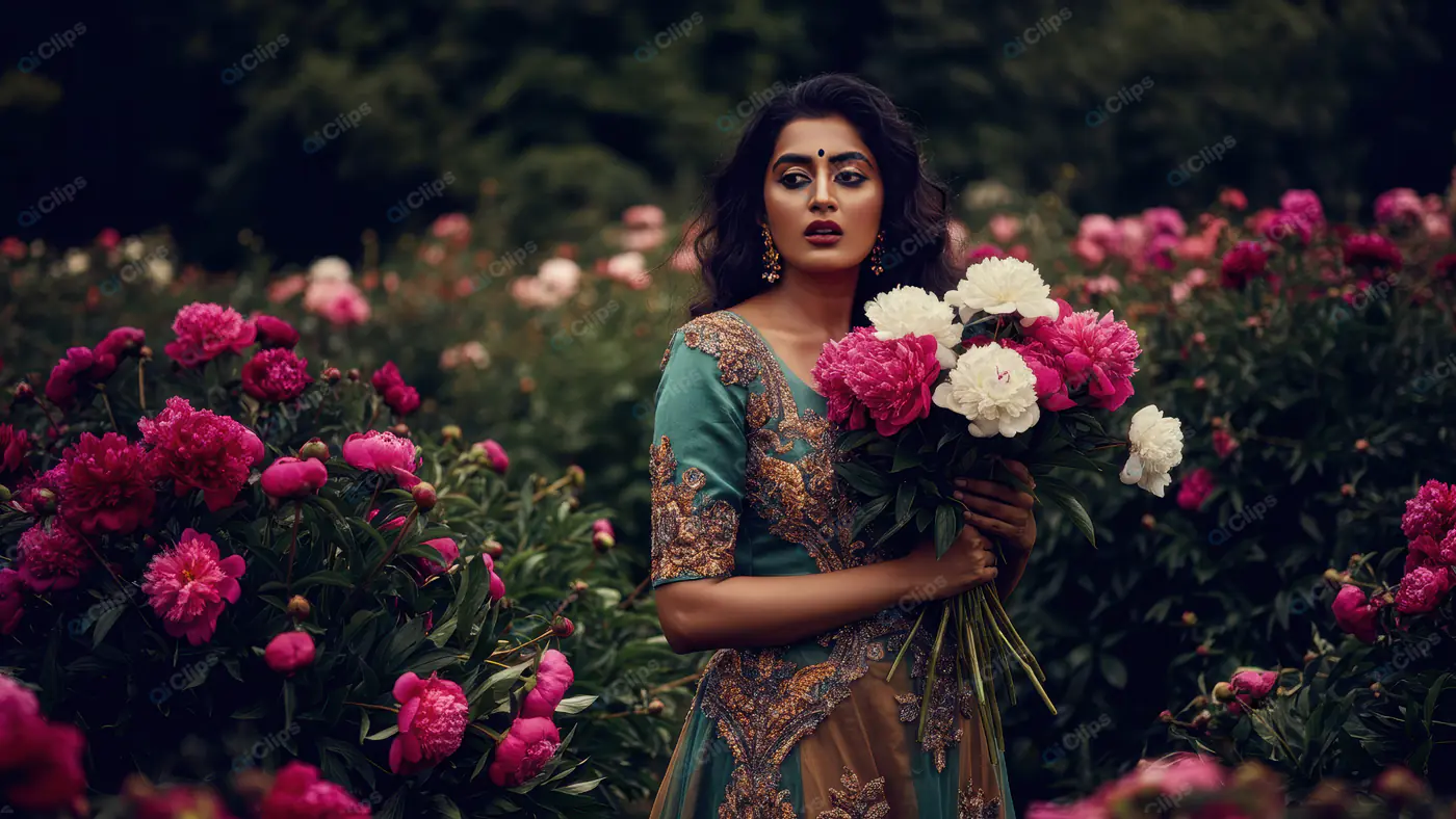 Elegant Indian Woman in Traditional Attire Holding Floral Bouquet