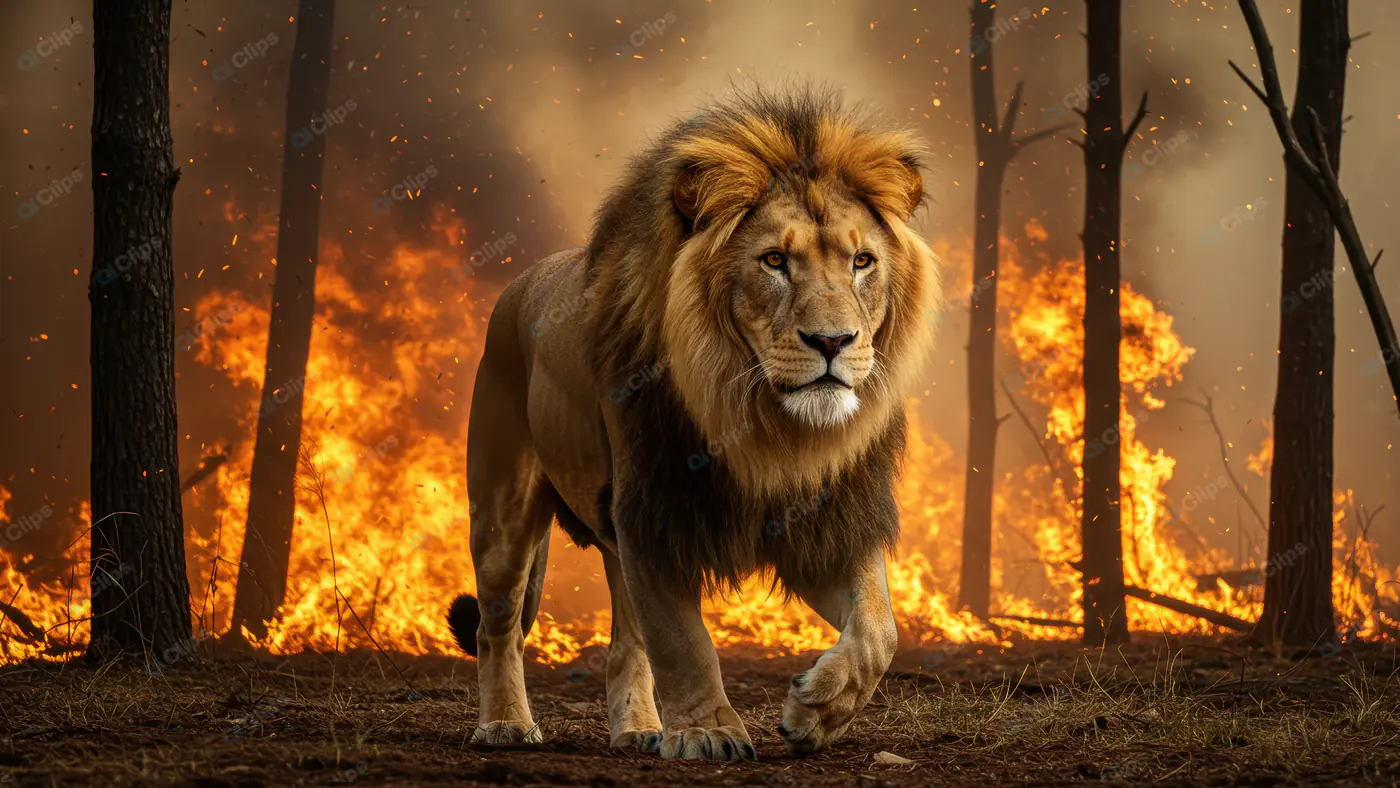 Majestic Lion Walking Through Burning Forest