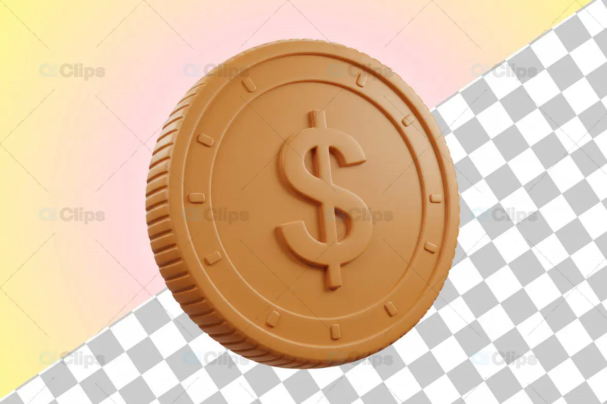 3D Gold Coin with Dollar Symbol and Transparent Background