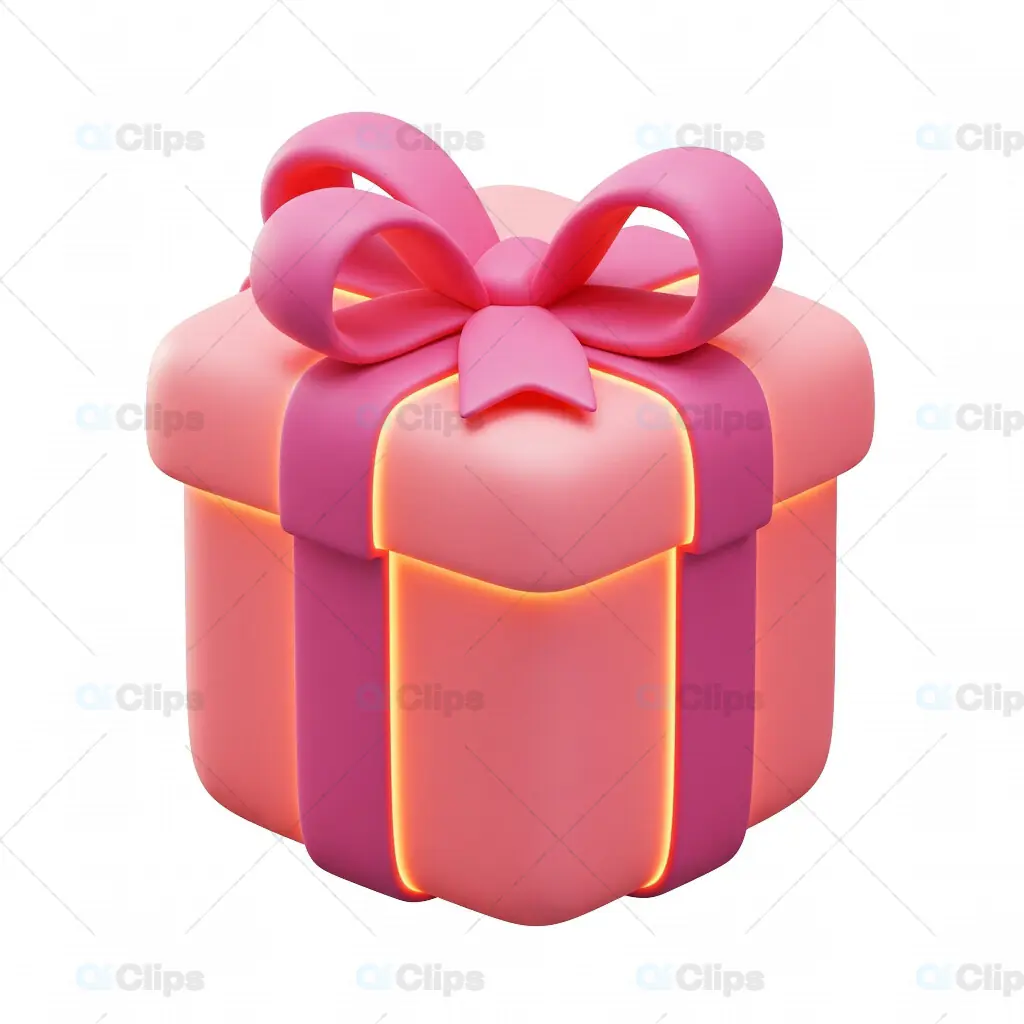 3D Glowing Peach Gift Box with Pink Ribbon and Transparent Background