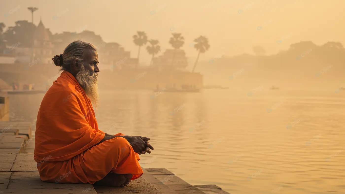 Indian Sadhu Meditating by Riverside at Sunrise