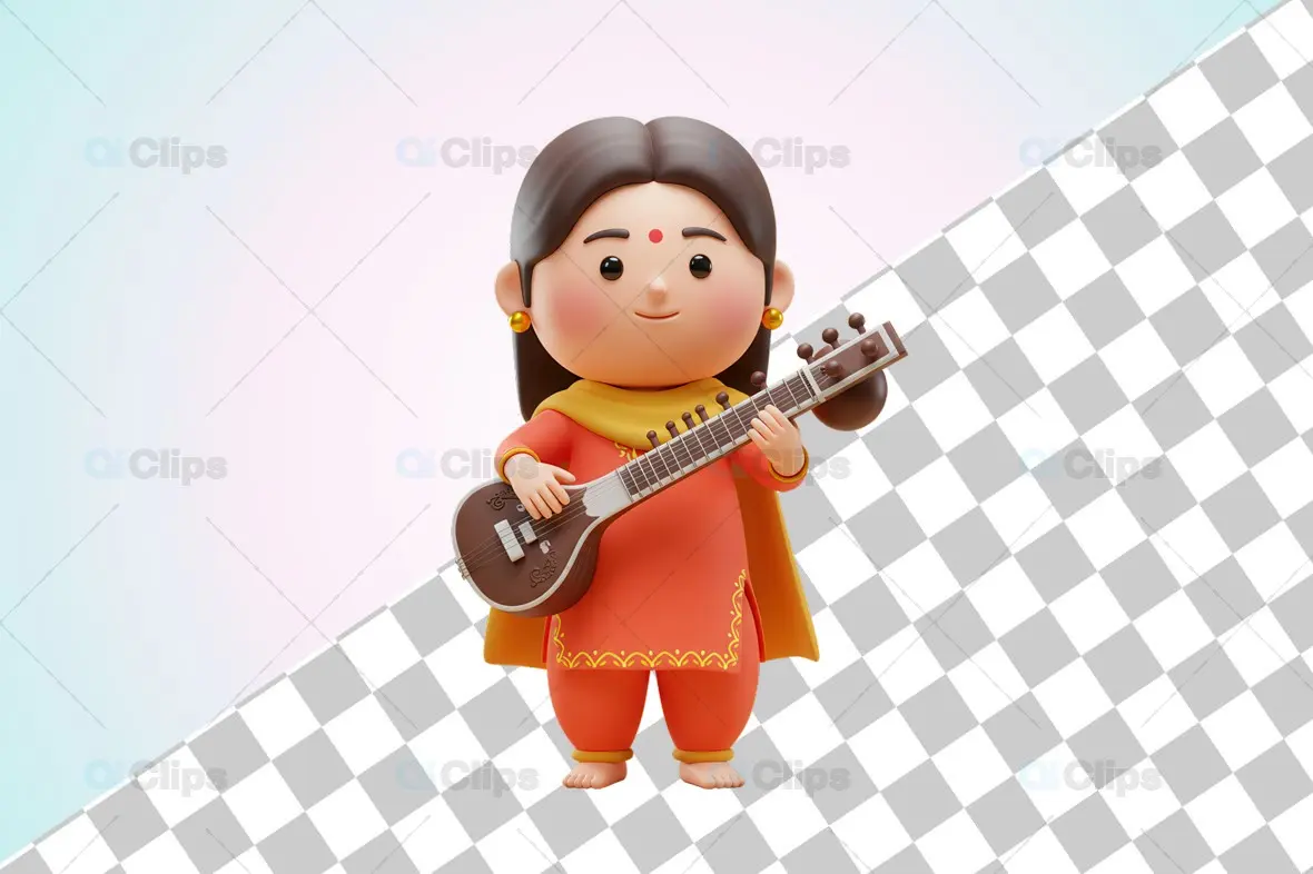 Indian Woman Playing Sitar - Traditional 3D Illustration