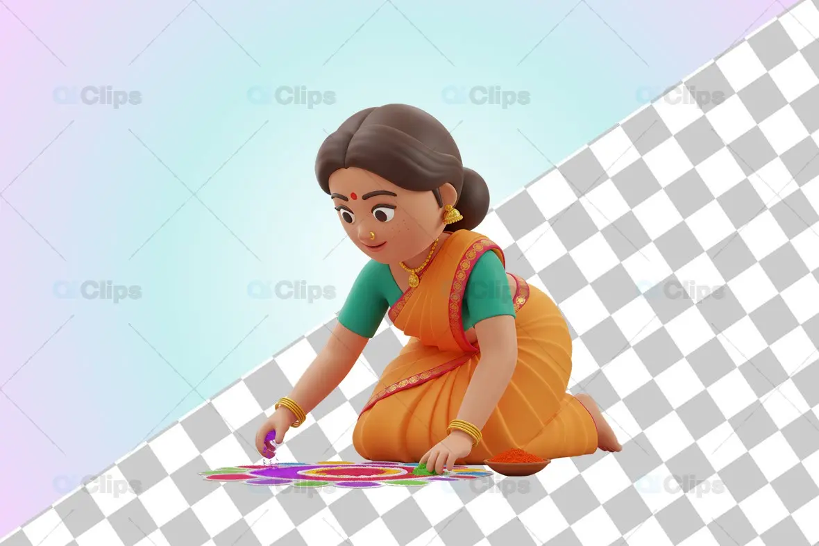 3D Indian Woman Creating Rangoli Art