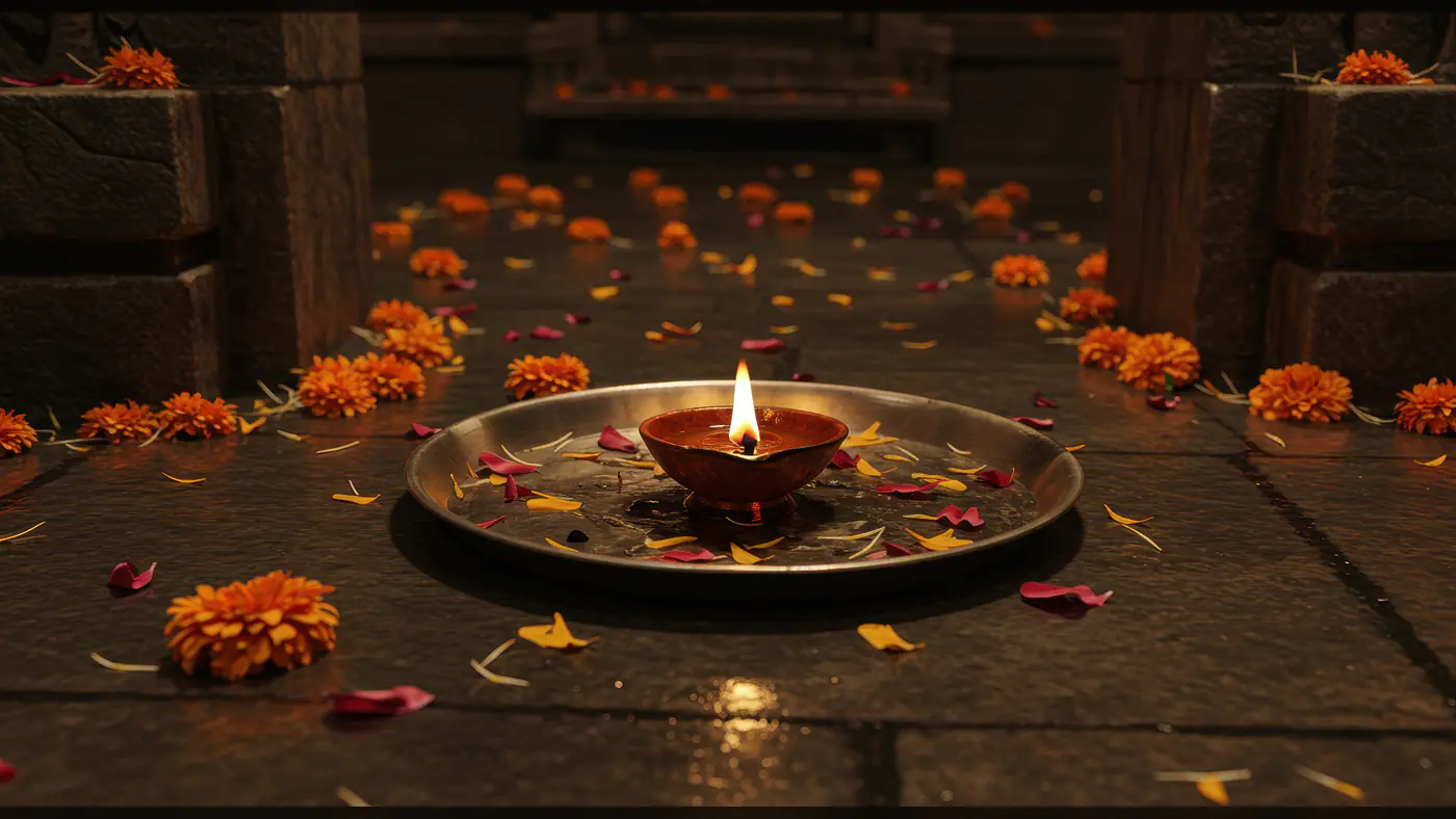 Traditional Diya with Flower Petals in Temple Setting