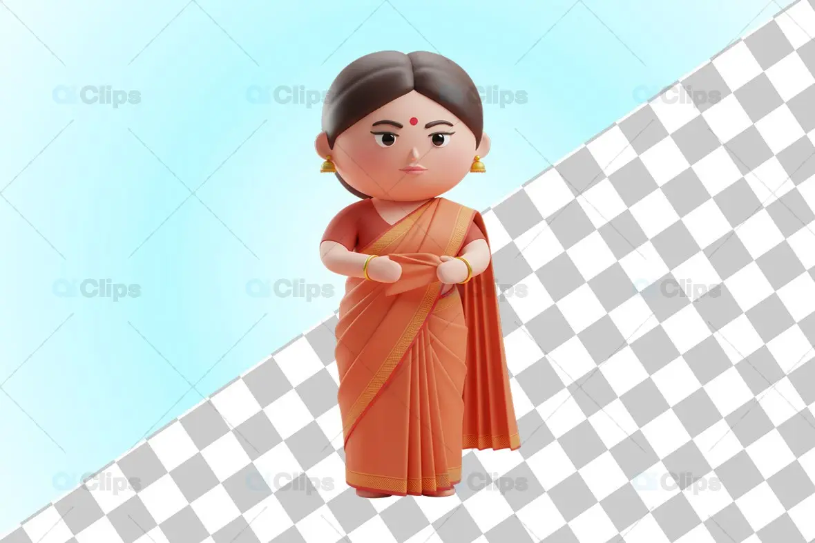 3D Indian Woman in Orange Saree