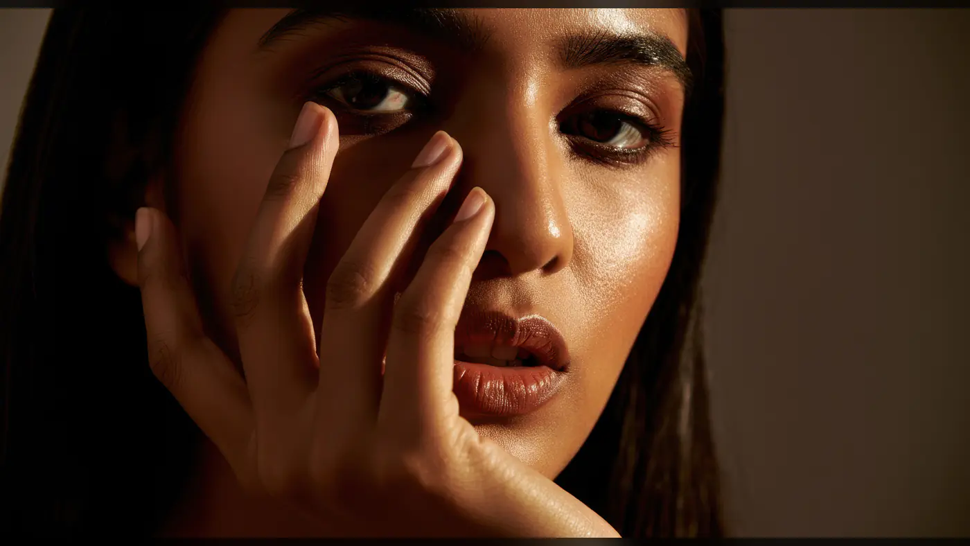 Close-Up Beauty Portrait of Woman with Glowing Skin and Sensual Expression