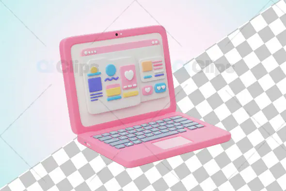Pink 3D Laptop with Social Media Dashboard