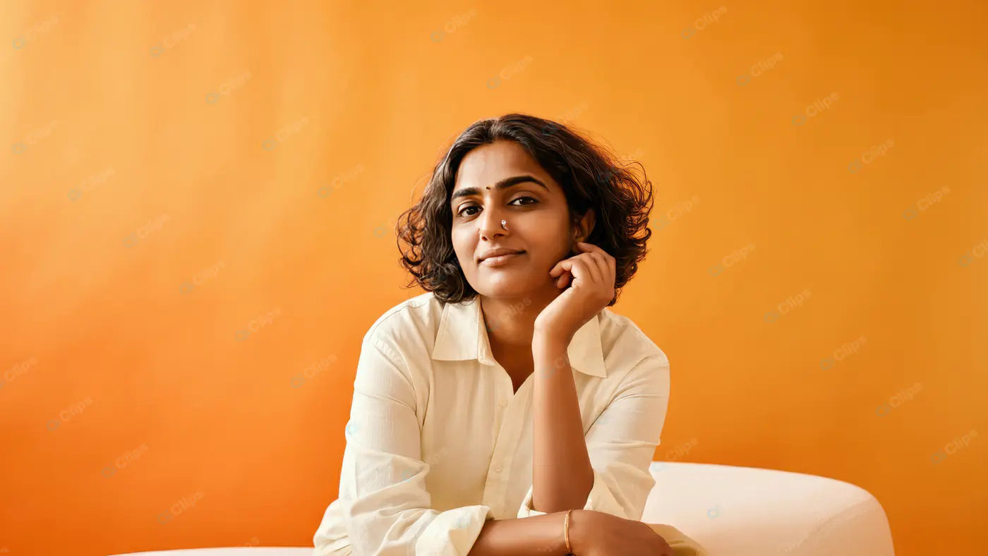 Confident Indian Woman in White Shirt with Bright Orange Backdrop
