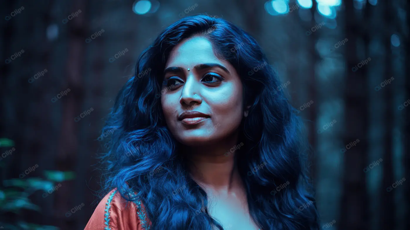Elegant Indian Woman with Flowing Hair in Blue Forest Ambience