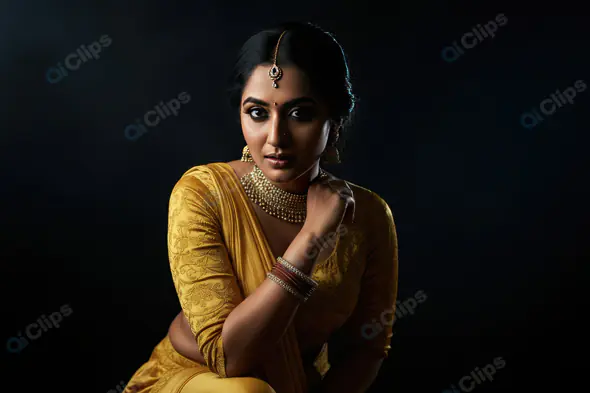 Elegant Indian Woman in Yellow Saree with Traditional Jewelry