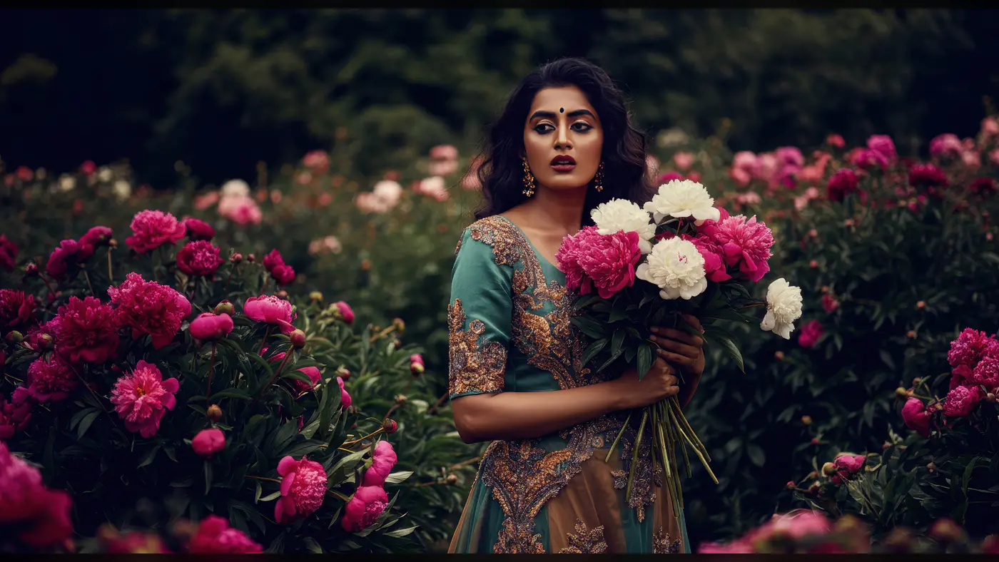 Elegant Indian Woman in Traditional Attire Holding Floral Bouquet
