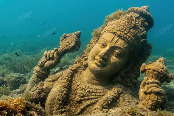 Underwater Statue of Hindu Deity with Conch Shells Surrounded by Marine Life