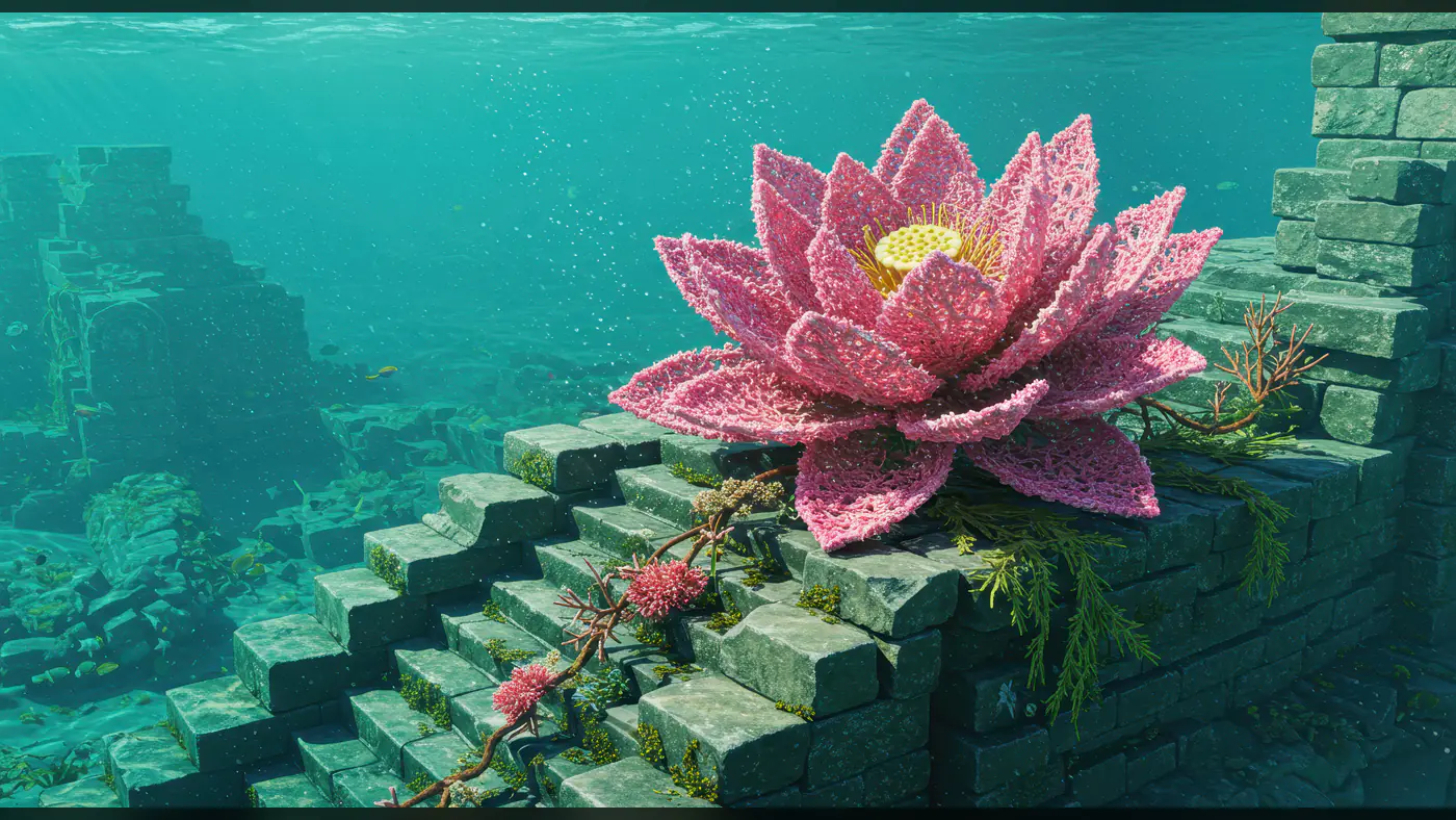 Giant Pink Lotus Blooming on Submerged Ancient Temple Ruins