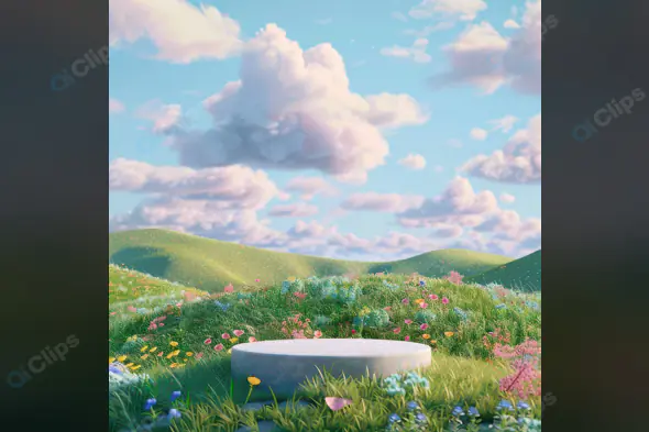 Scenic Fantasy Meadow with Stone Platform and Colorful Wildflowers