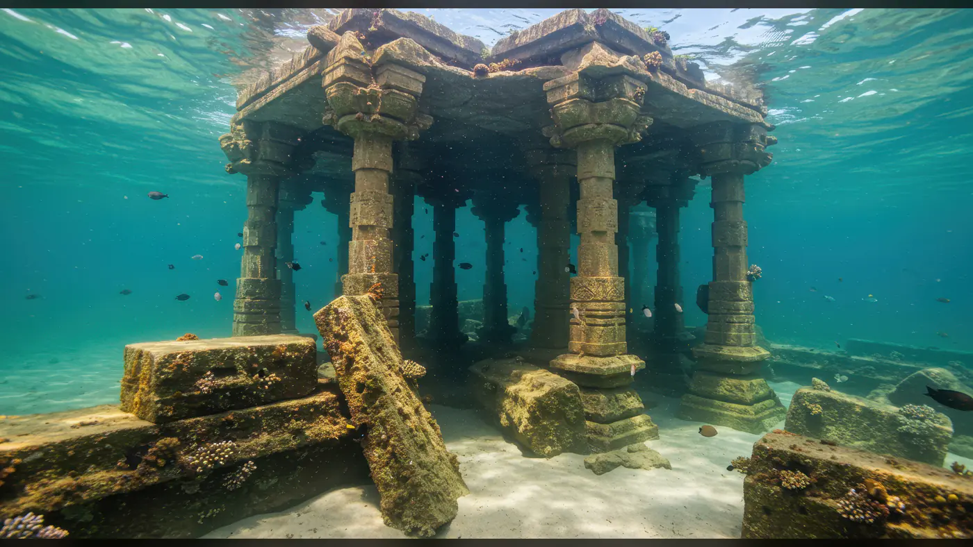 Ancient Underwater Temple Ruins with Coral and Marine Life