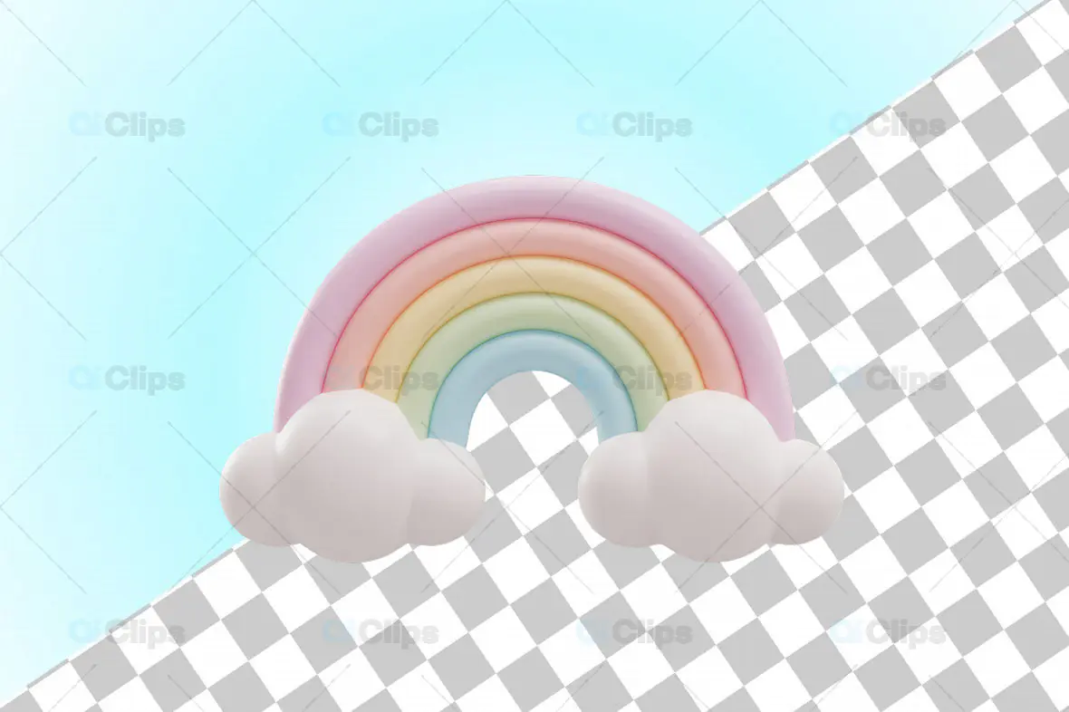 3D Pastel Rainbow with Fluffy Clouds and Transparent Background
