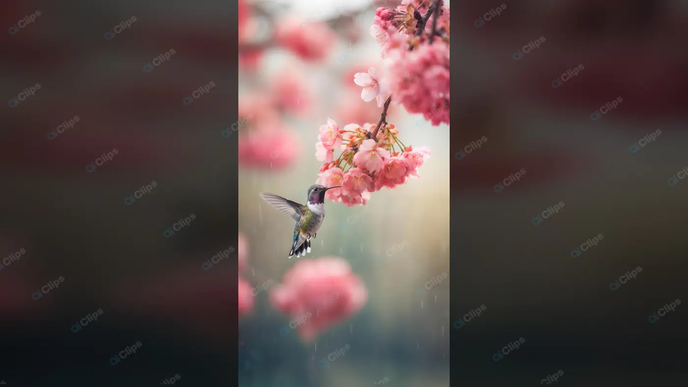 Hummingbird Feeding on Cherry Blossoms in Spring Rain