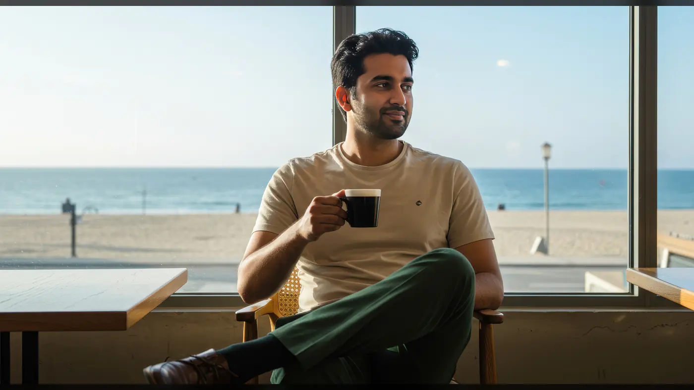 Indian Man Enjoying Coffee at Beachside Café – Relaxed Lifestyle Scene