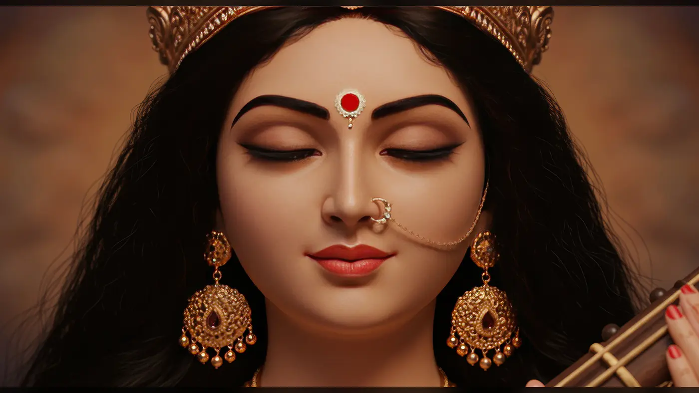 Elegant Portrait of Indian Goddess Saraswati with Veena