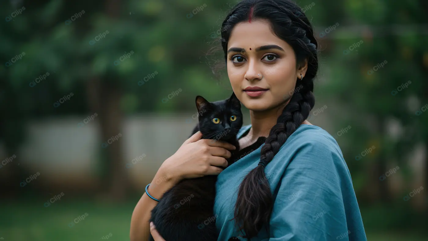 Indian Woman Holding Black Cat in Garden