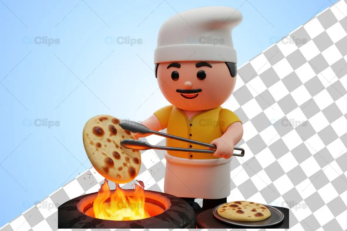 3D Chef Making Naan in Tandoor
