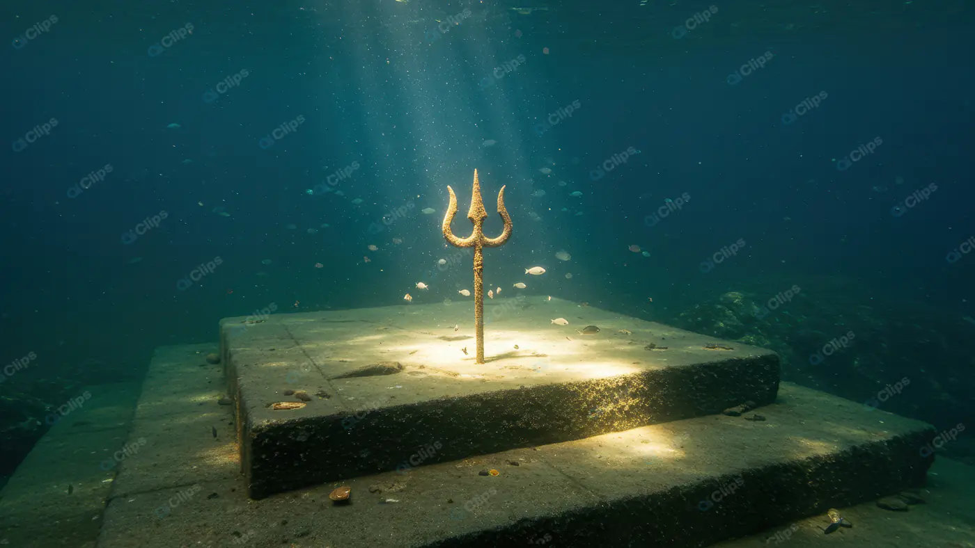 Divine Underwater Trishul with Mystical Sun Rays in the Deep Sea