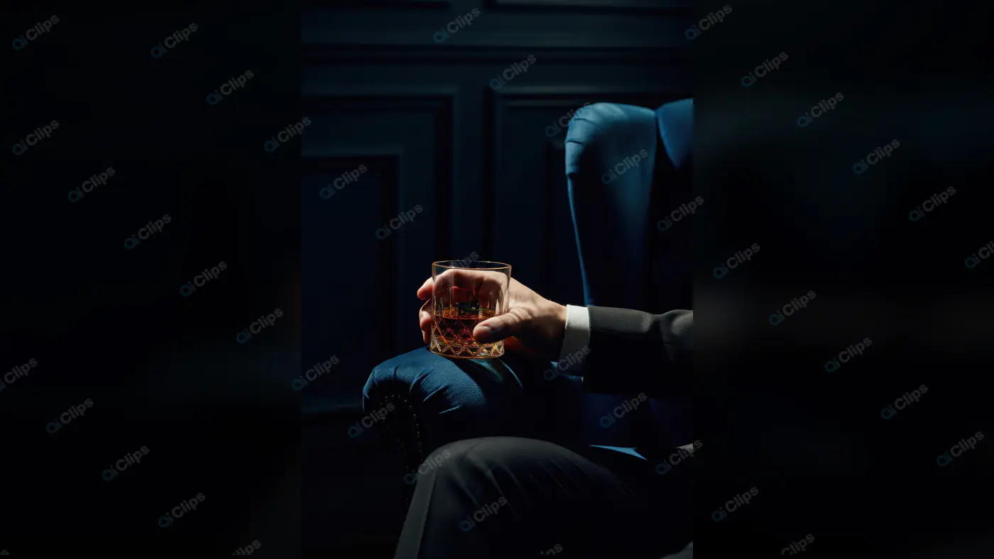 Elegant Man in Suit Holding Whiskey Glass in Luxury Armchair
