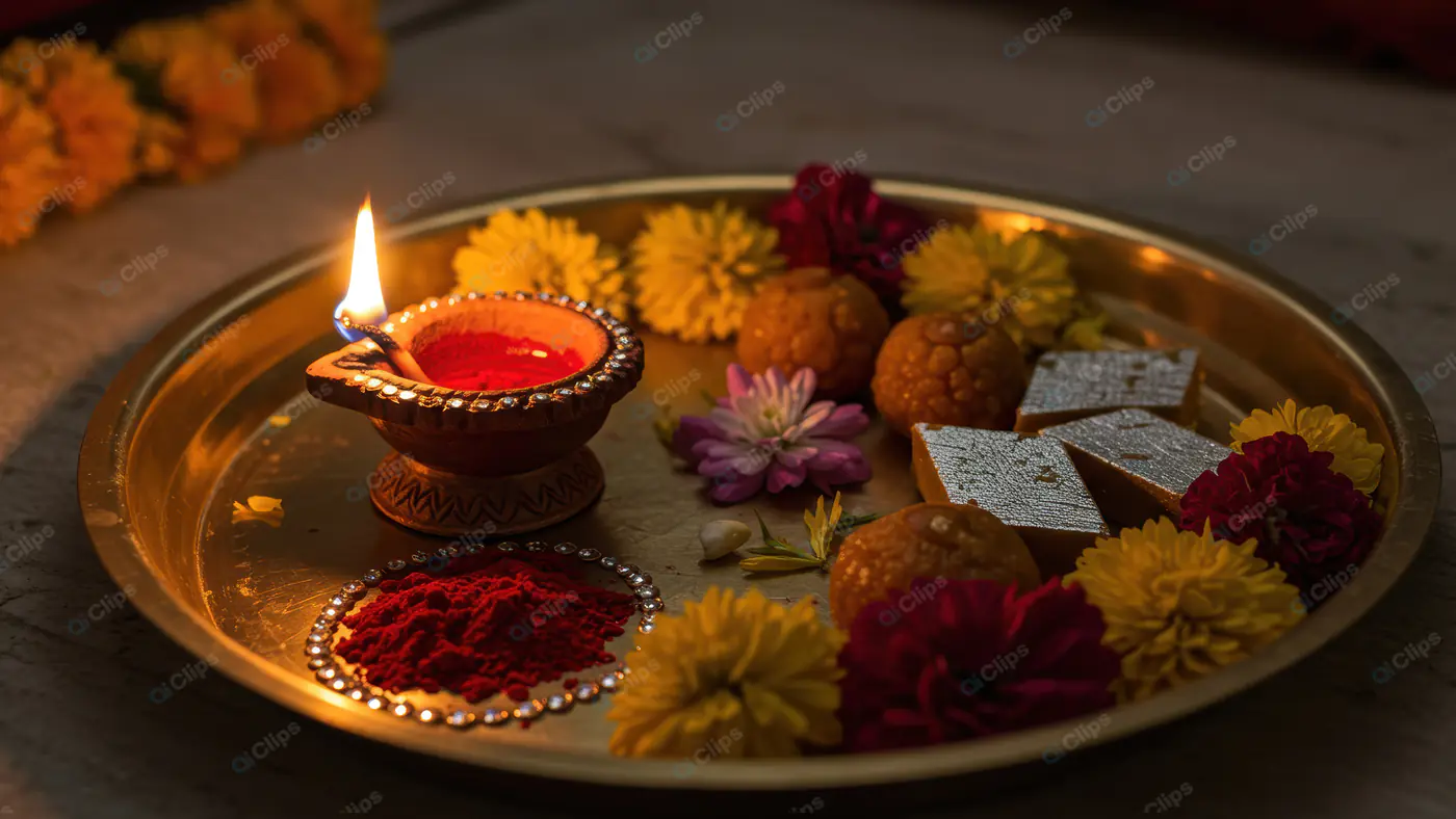Traditional Indian Puja Thali with Diya, Flowers, and Sweets for Festive Rituals