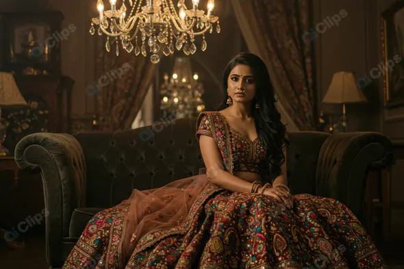 Indian Bride in Traditional Maroon Bridal Lehenga – Luxurious Vintage Interior Portrait