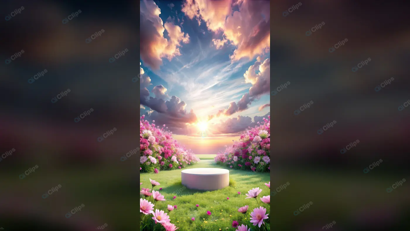 Dreamy Sunset Garden Scene with Flower Platform and Pink Blooms
