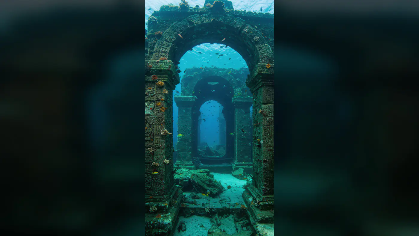 Ancient Indian Temple Corridor Submerged Underwater with Marine Life