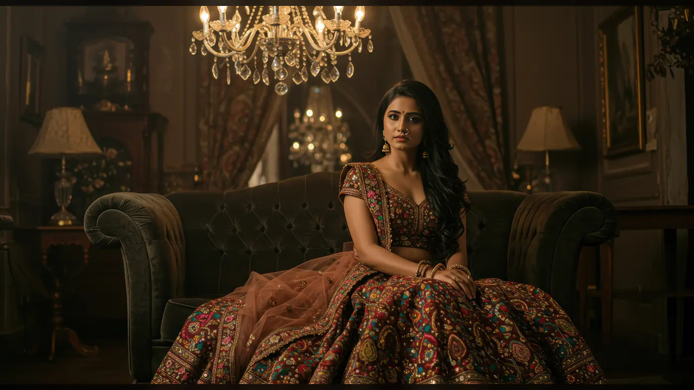 Indian Bride in Traditional Maroon Bridal Lehenga – Luxurious Vintage Interior Portrait