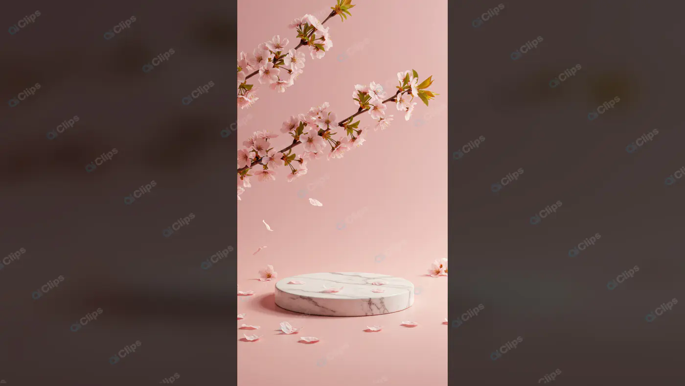 Marble Display Mockup with Cherry Blossom Branches on Pink Background