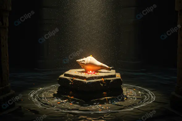 Divine Conch Shell with Glowing Light on Ancient Stone Altar