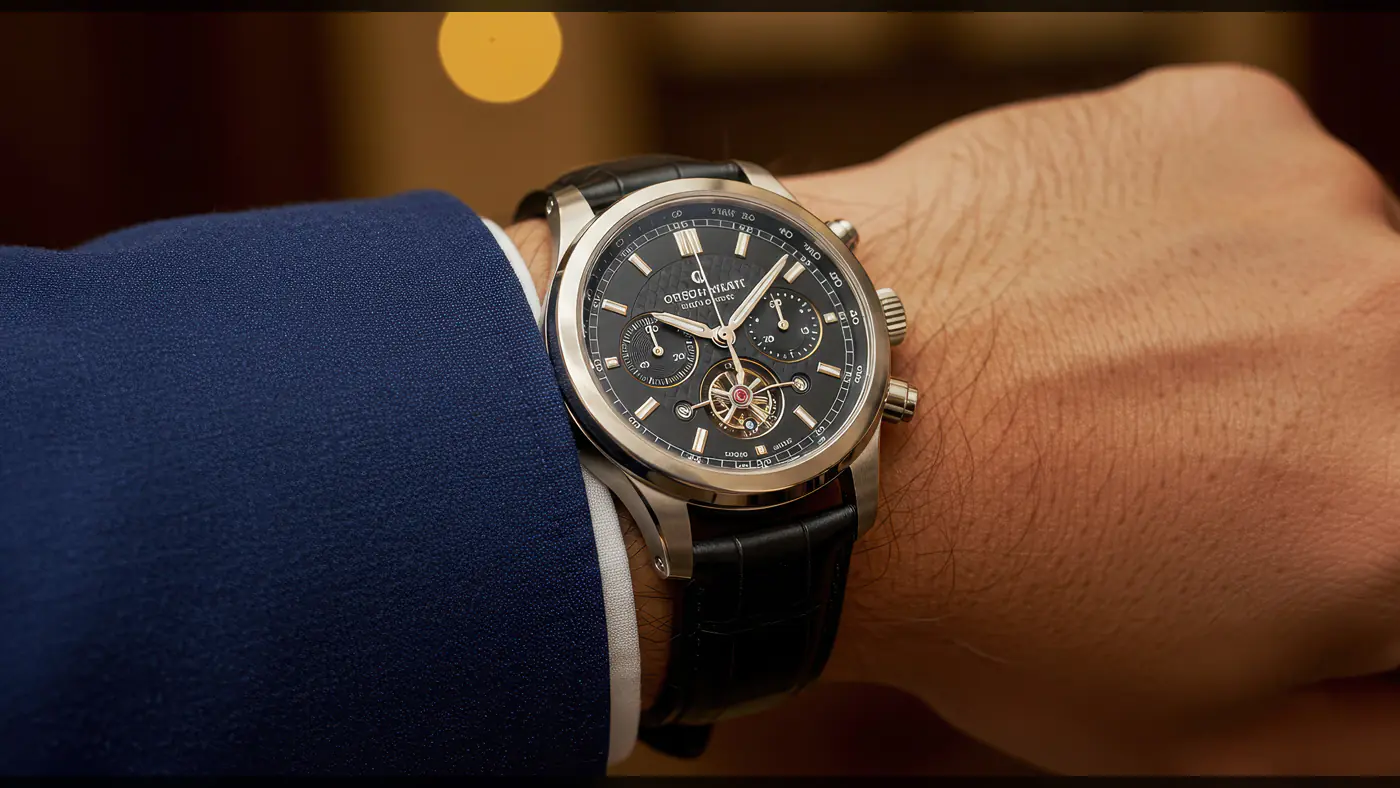 Luxury Men’s Chronograph Watch Close-Up – Elegant Wristwear with Blue Dial