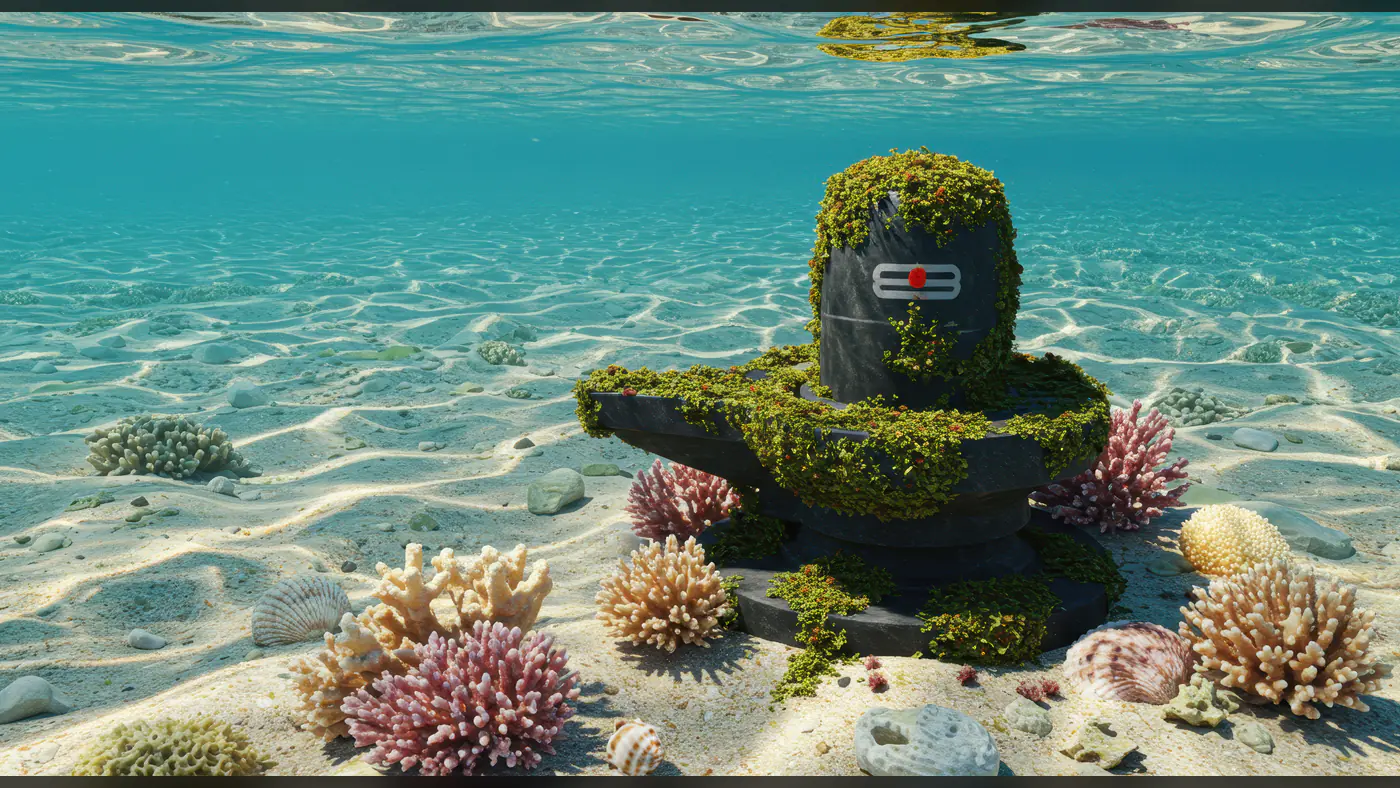 Ancient Shivling Submerged Underwater with Coral Reef Surroundings