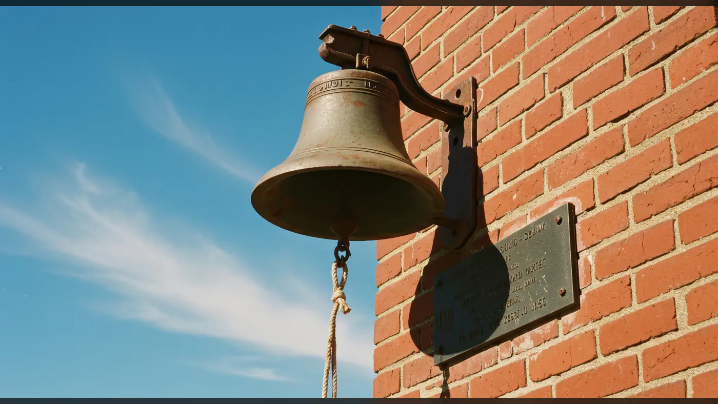 Vintage Bell Mounted on Brick Wall Under Blue Sky