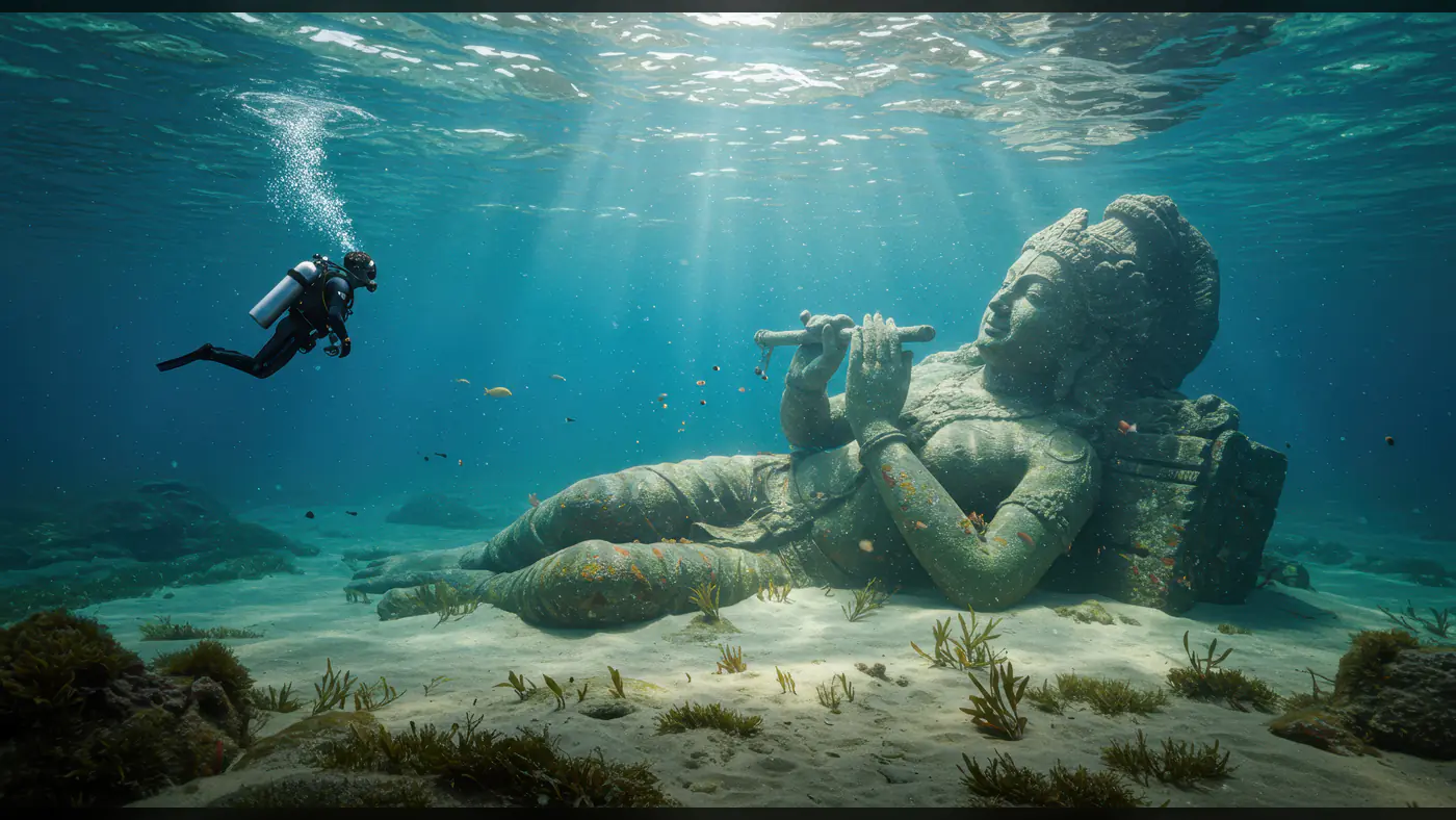 Submerged Krishna Statue with Diver Encounter in Mystic Waters