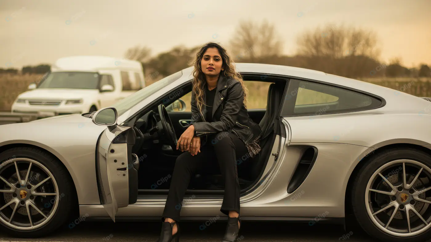 Confident Woman in Leather Jacket Sitting in Luxury Sports Car