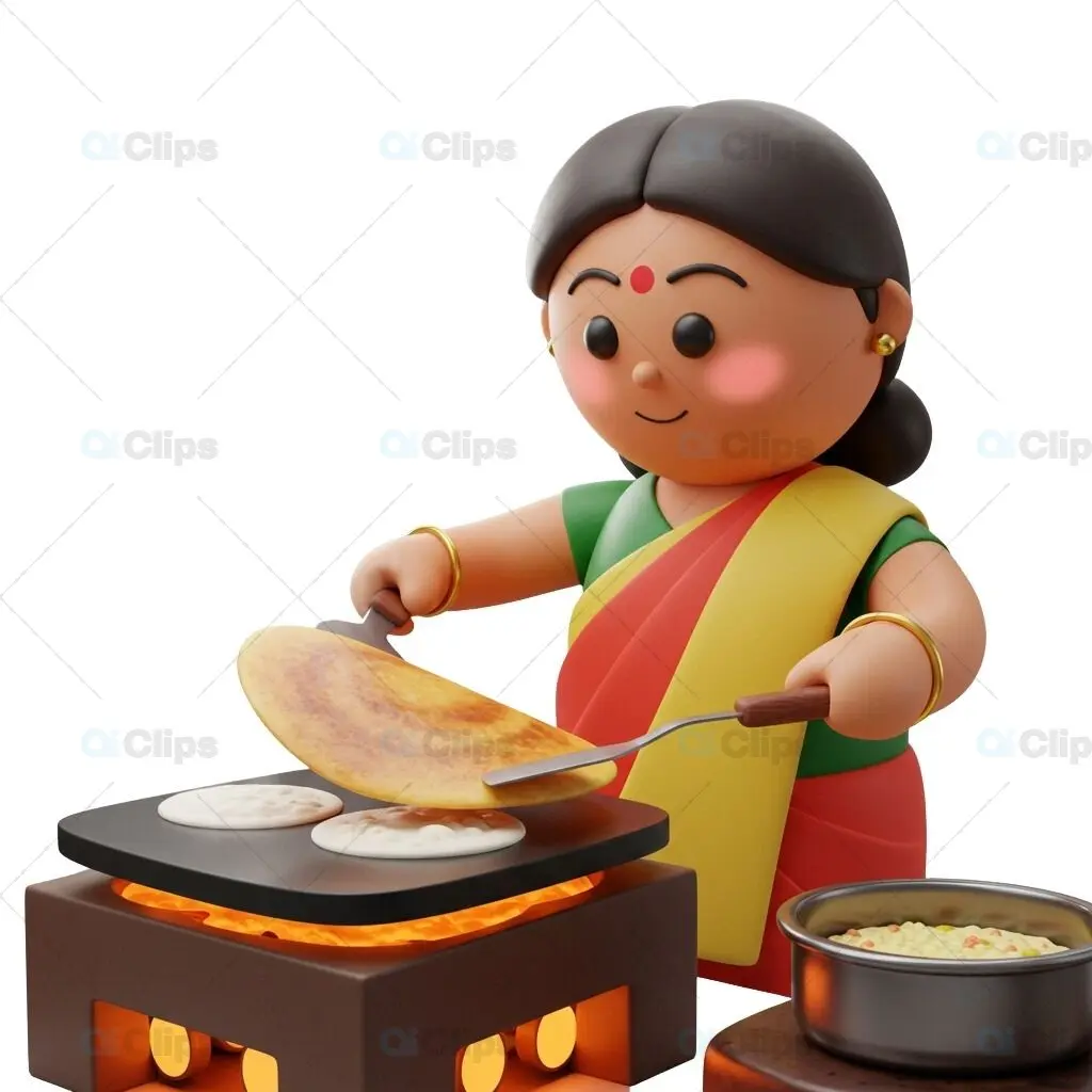 Indian Woman Cooking Dosa in Traditional Attire - 3D Illustration