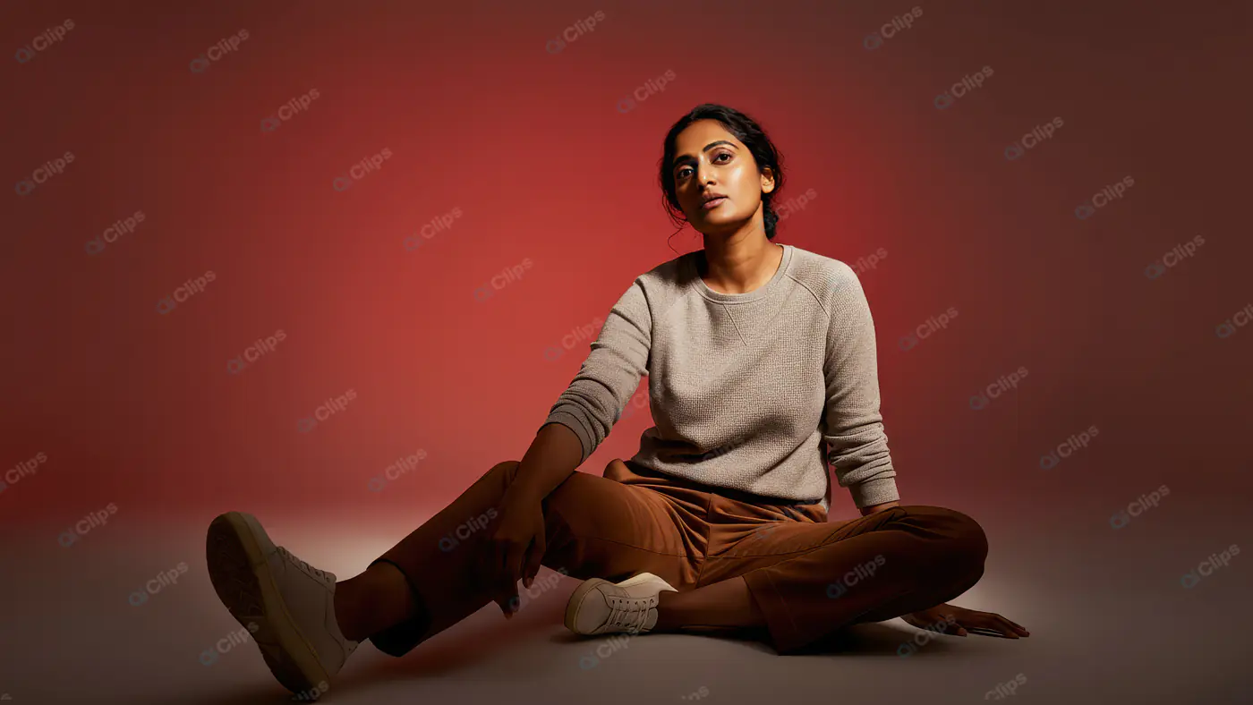 Relaxed Woman in Casual Outfit with Red Studio Background