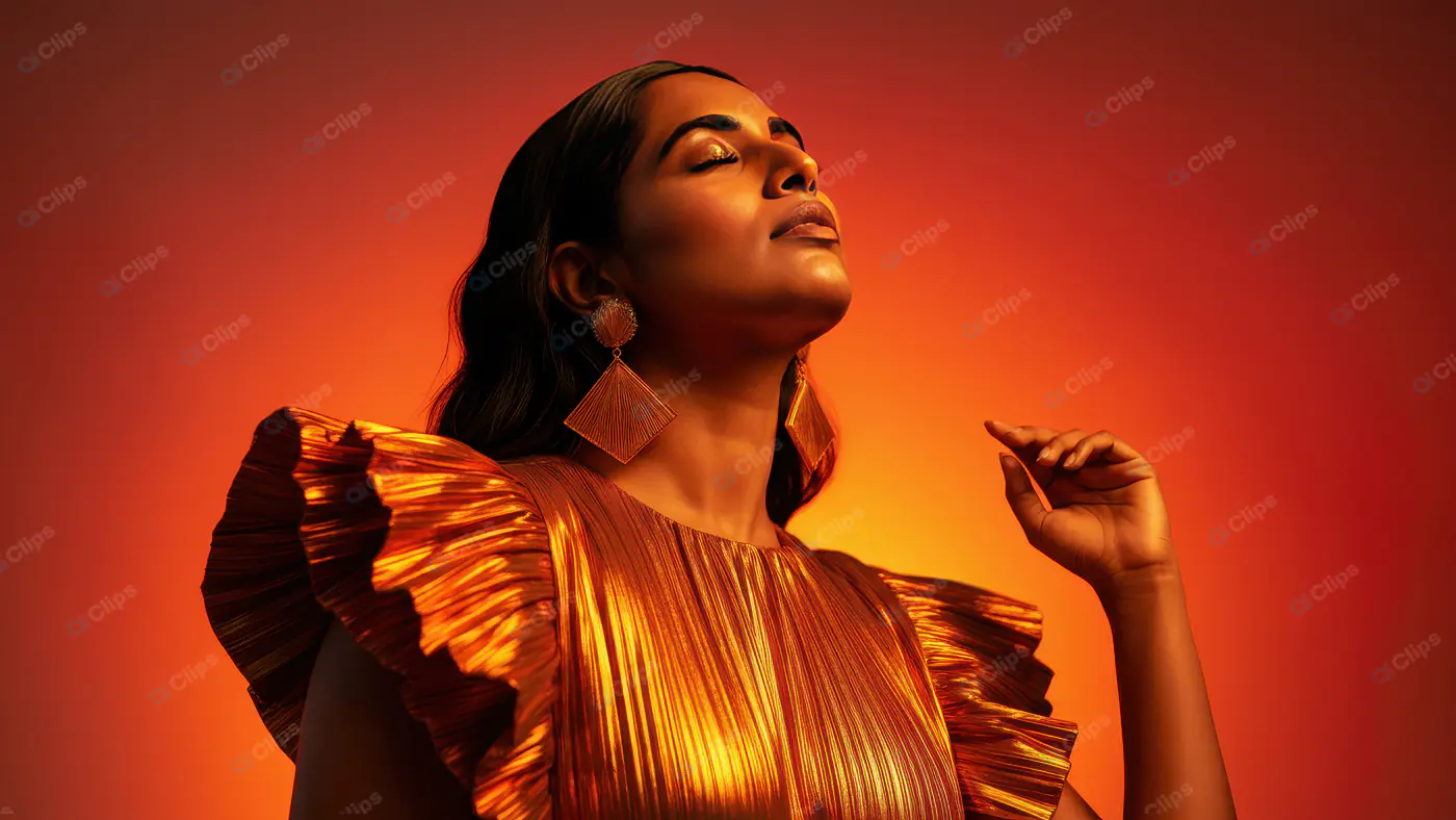 Radiant Woman in Metallic Orange Dress with Bold Earrings