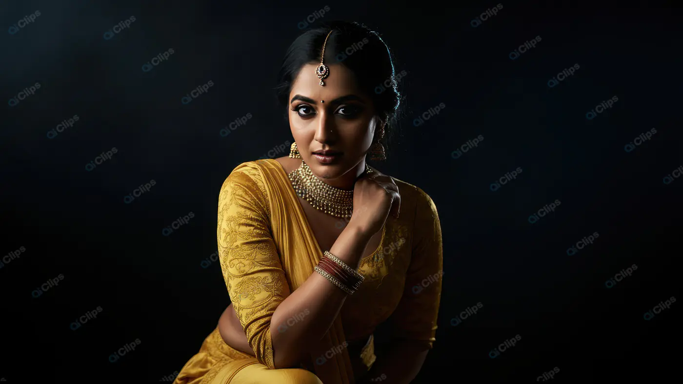 Elegant Indian Woman in Yellow Saree with Traditional Jewelry