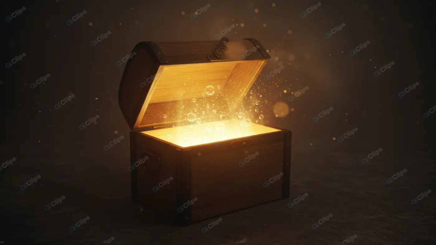 Mystical Glowing Treasure Chest with Floating Particles in Dark Room