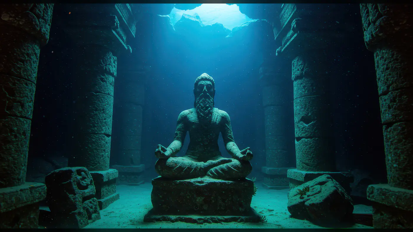 Ancient Underwater Statue in Sunken Temple Ruins
