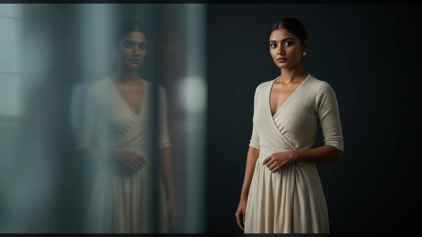 Minimalist Portrait of an Elegant Indian Woman in Cream Dress – Studio Fashion Photography