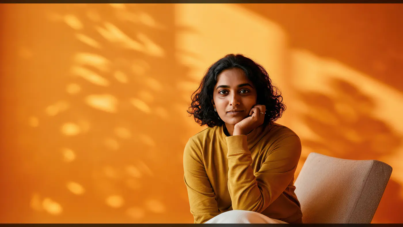 Confident Indian Woman in Mustard Sweater with Minimalist Background
