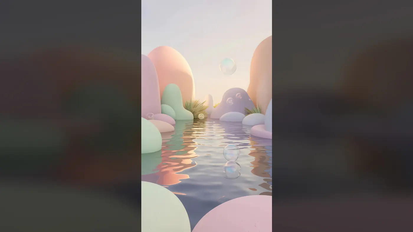 Whimsical Pastel Fantasy Landscape with Bubbles and Water