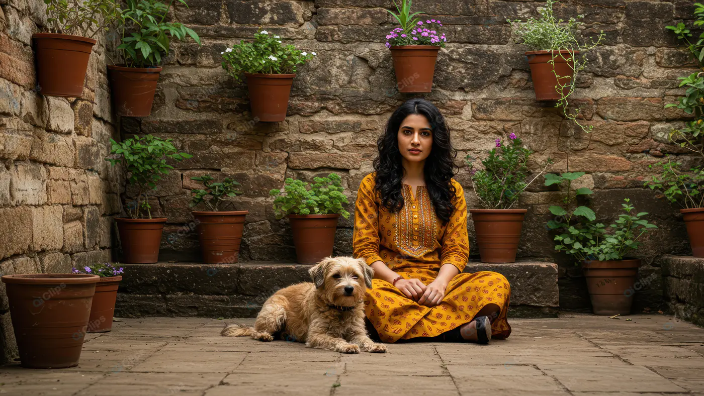Young Indian Woman Sitting with Dog in Rustic Courtyard Garden