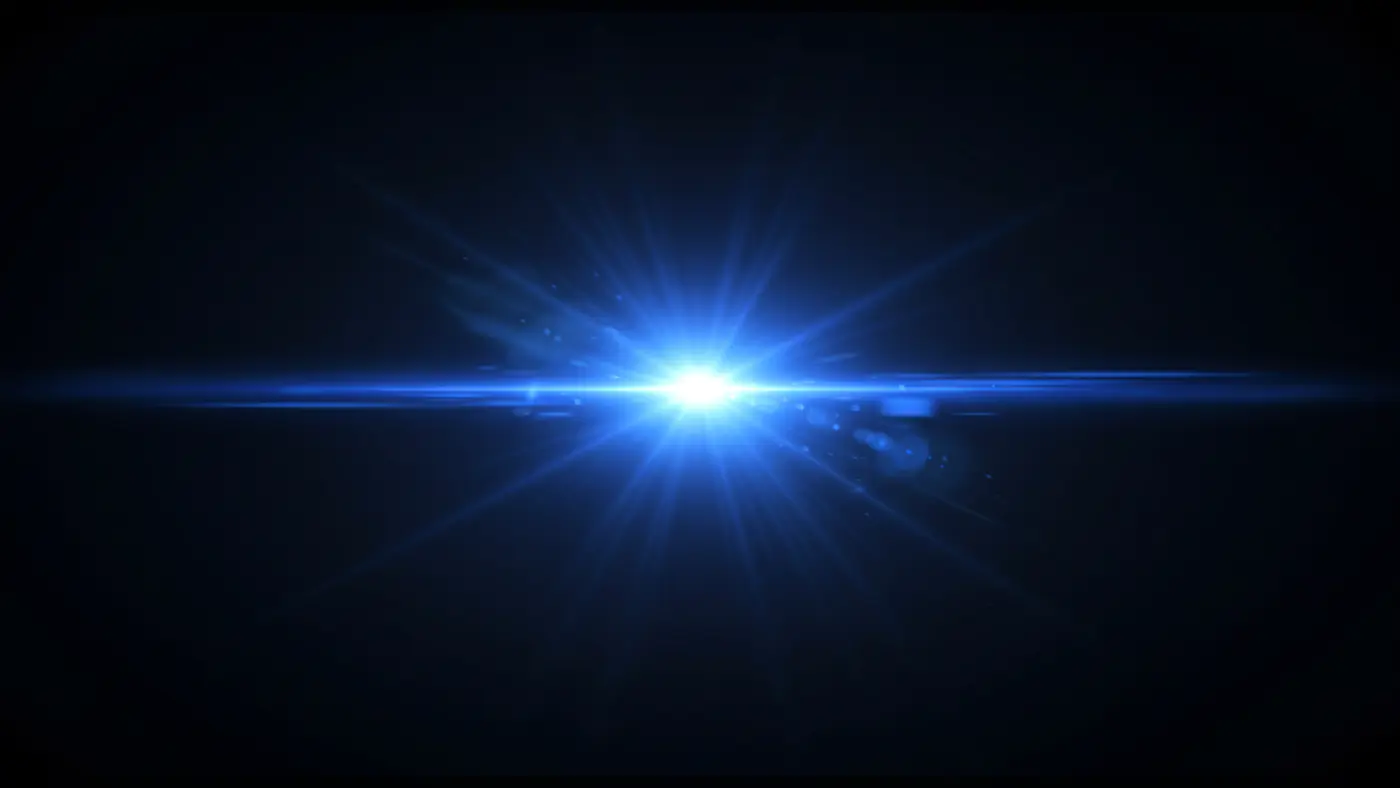 Radiant Blue Lens Flare with Sharp Light Rays on Dark Background
